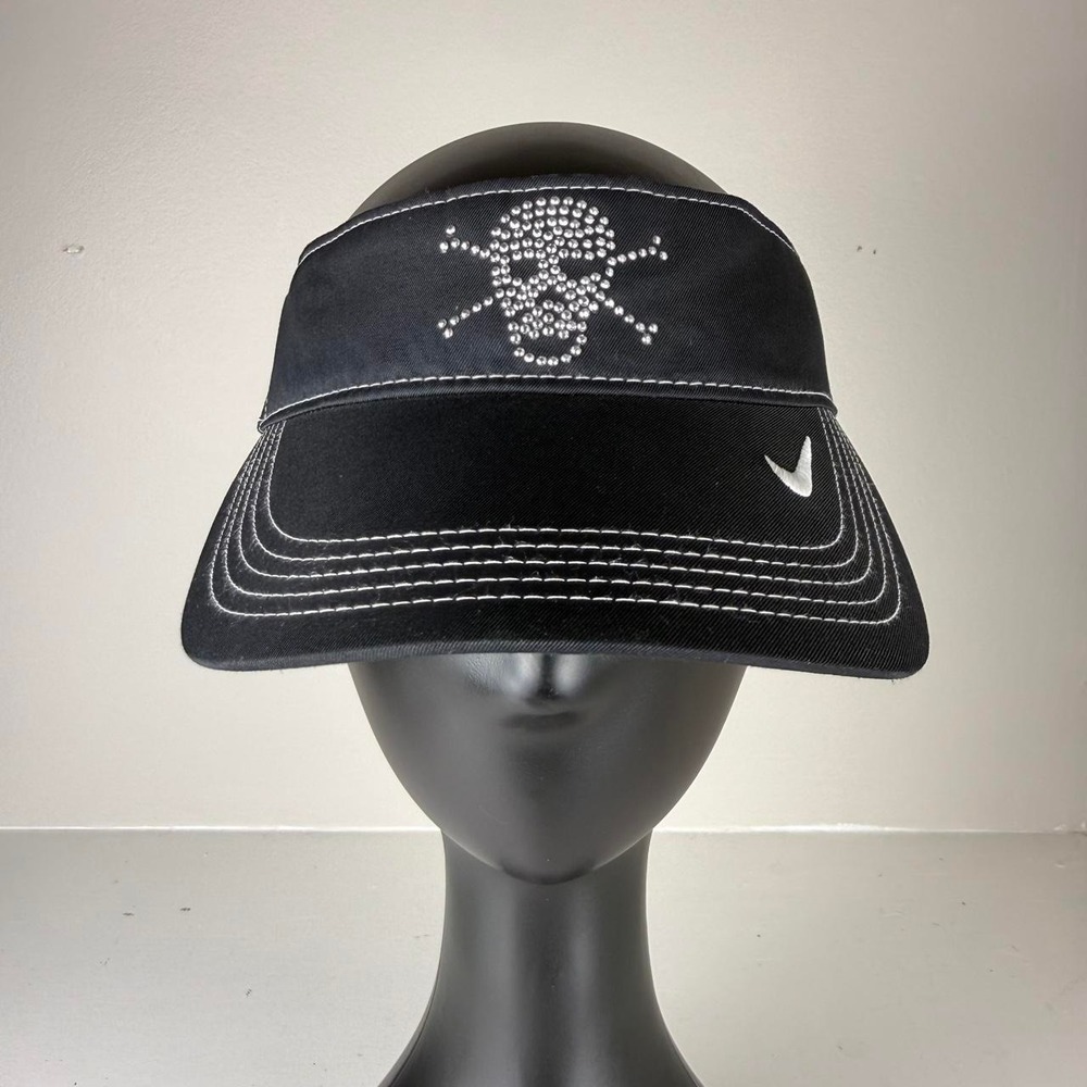 Nike Golf Dri-FIT Black Visor Hat Rhinestone Skull Crossbones Contrast Stitch